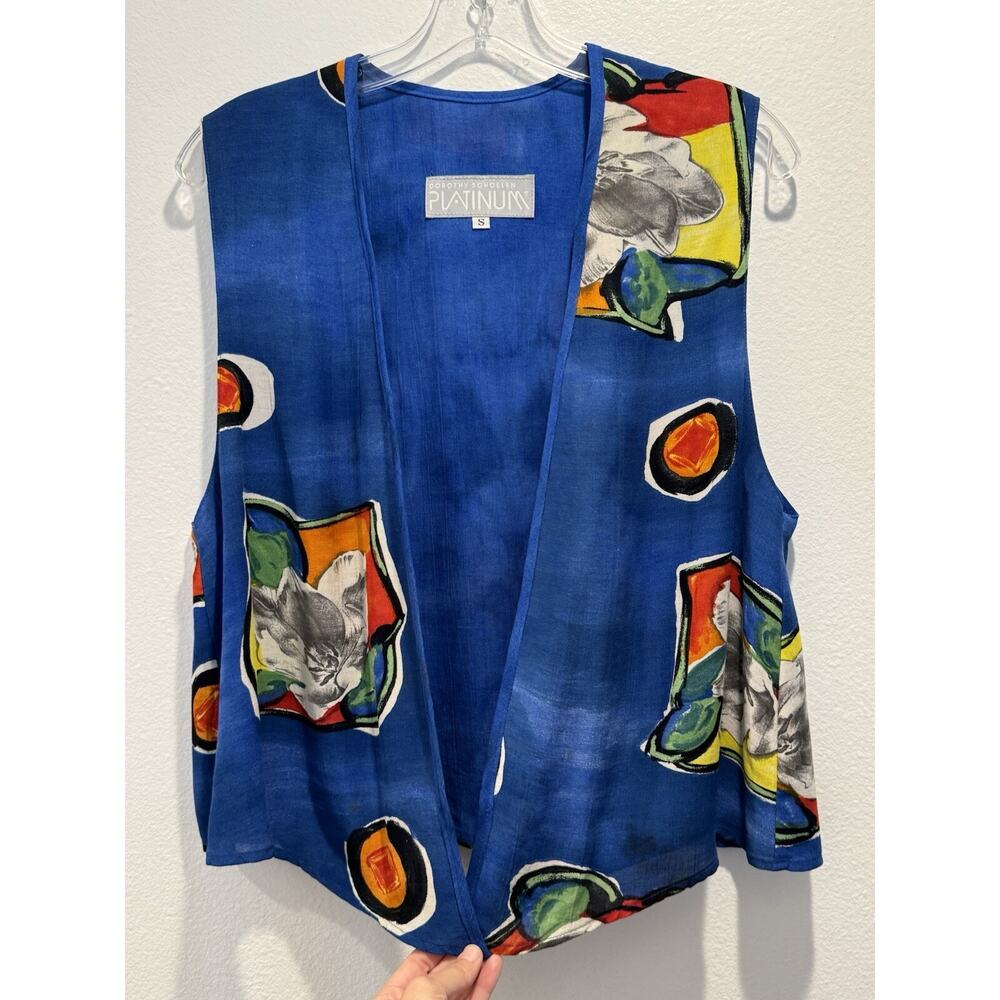 Vintage Dorothy Schoelen‎ Platinum Blue Floral Vest Artsy Rayon Linen Blend Boho